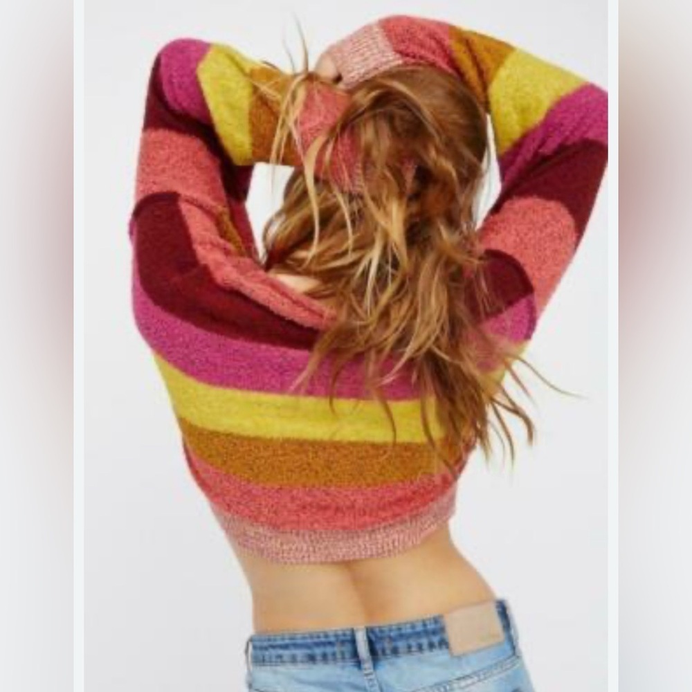 Free People Striped Batwing Sweater Pink Yellow Green Oversized, S